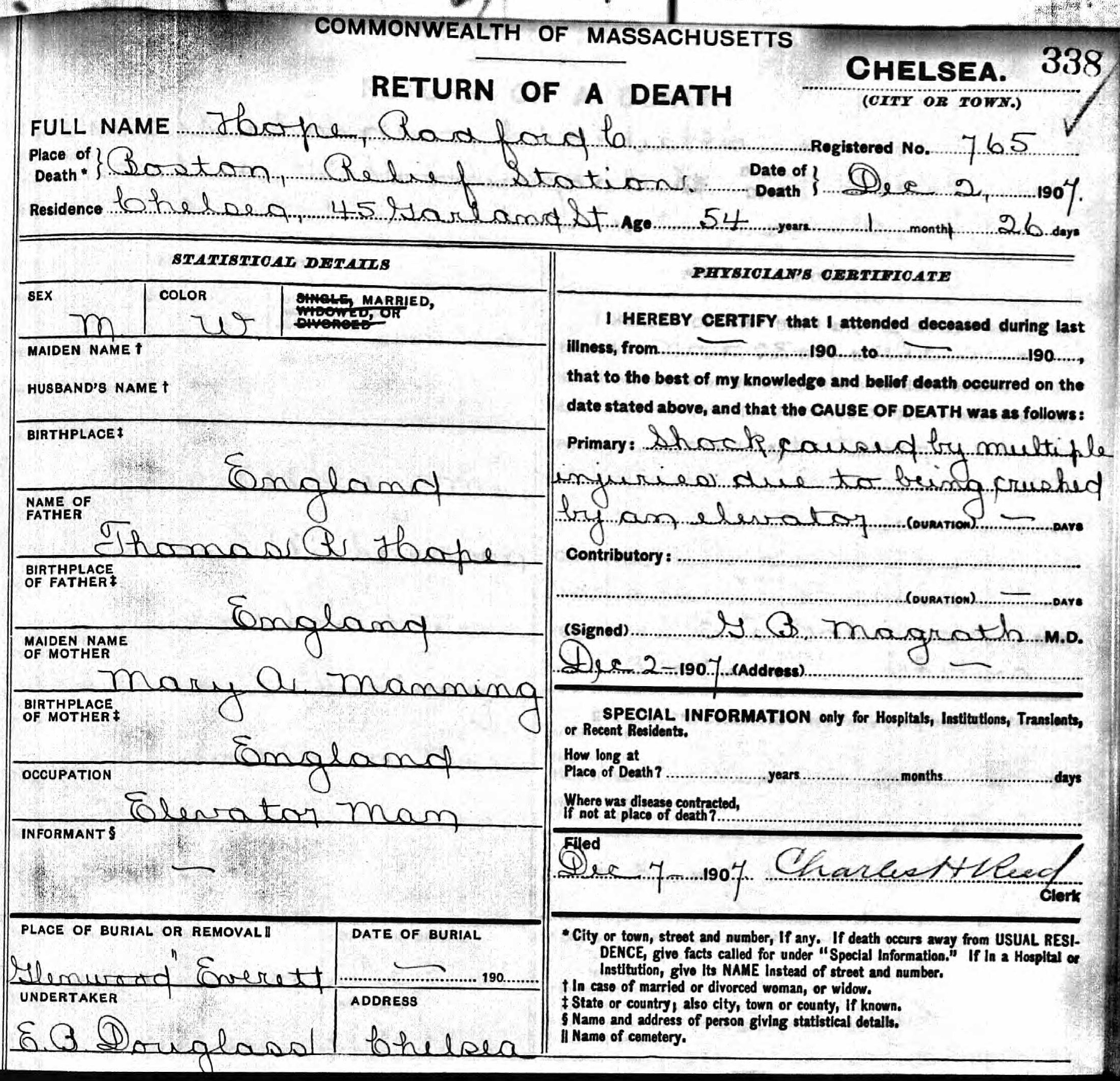 Radford Hope death certificate