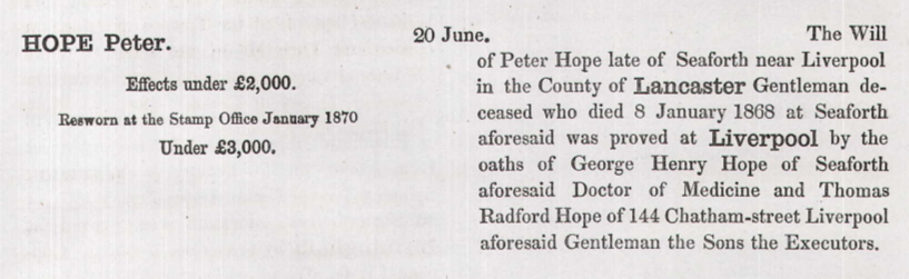 Peter Hope probate record 1868